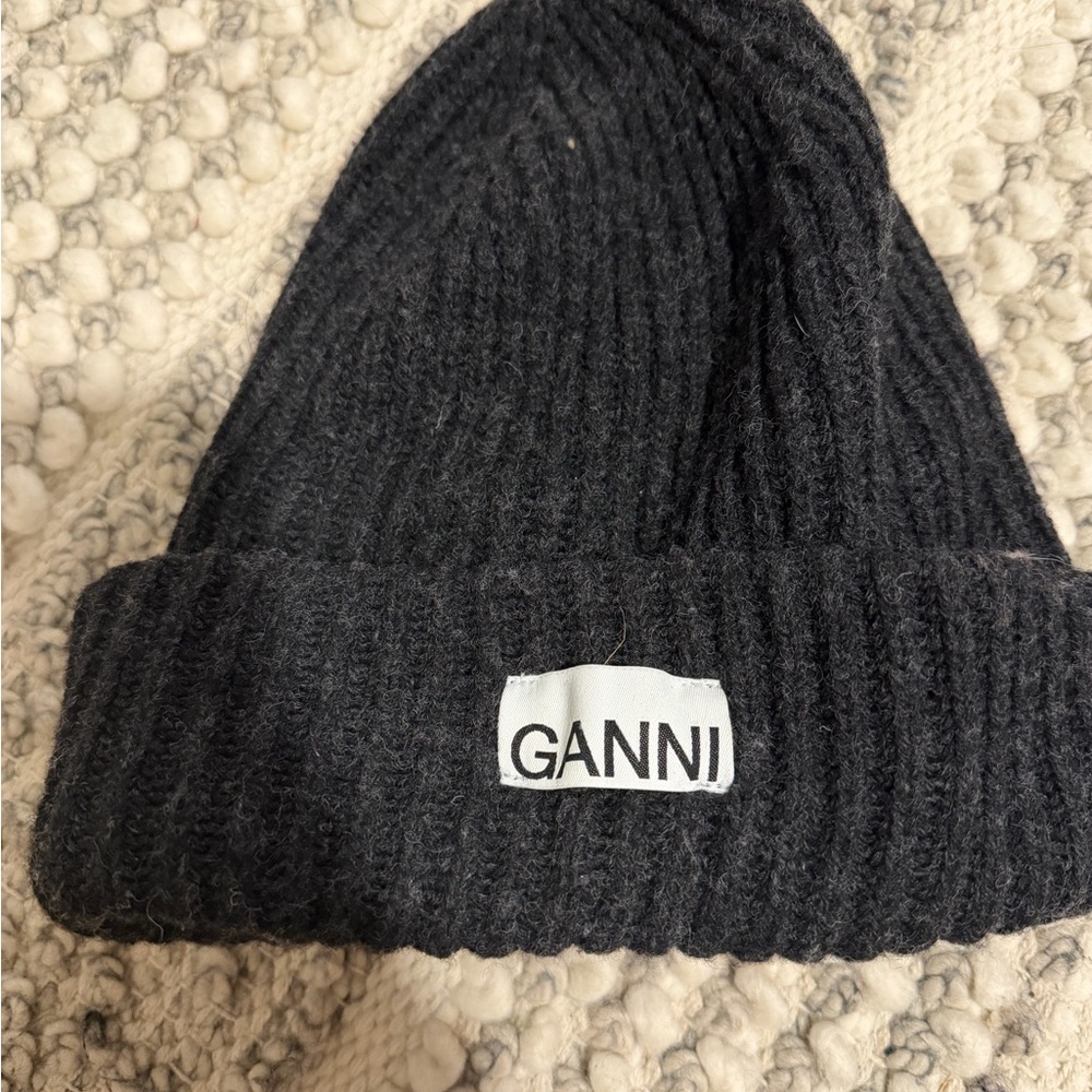 Ganni Black Ribbed Fold-Over Beanie